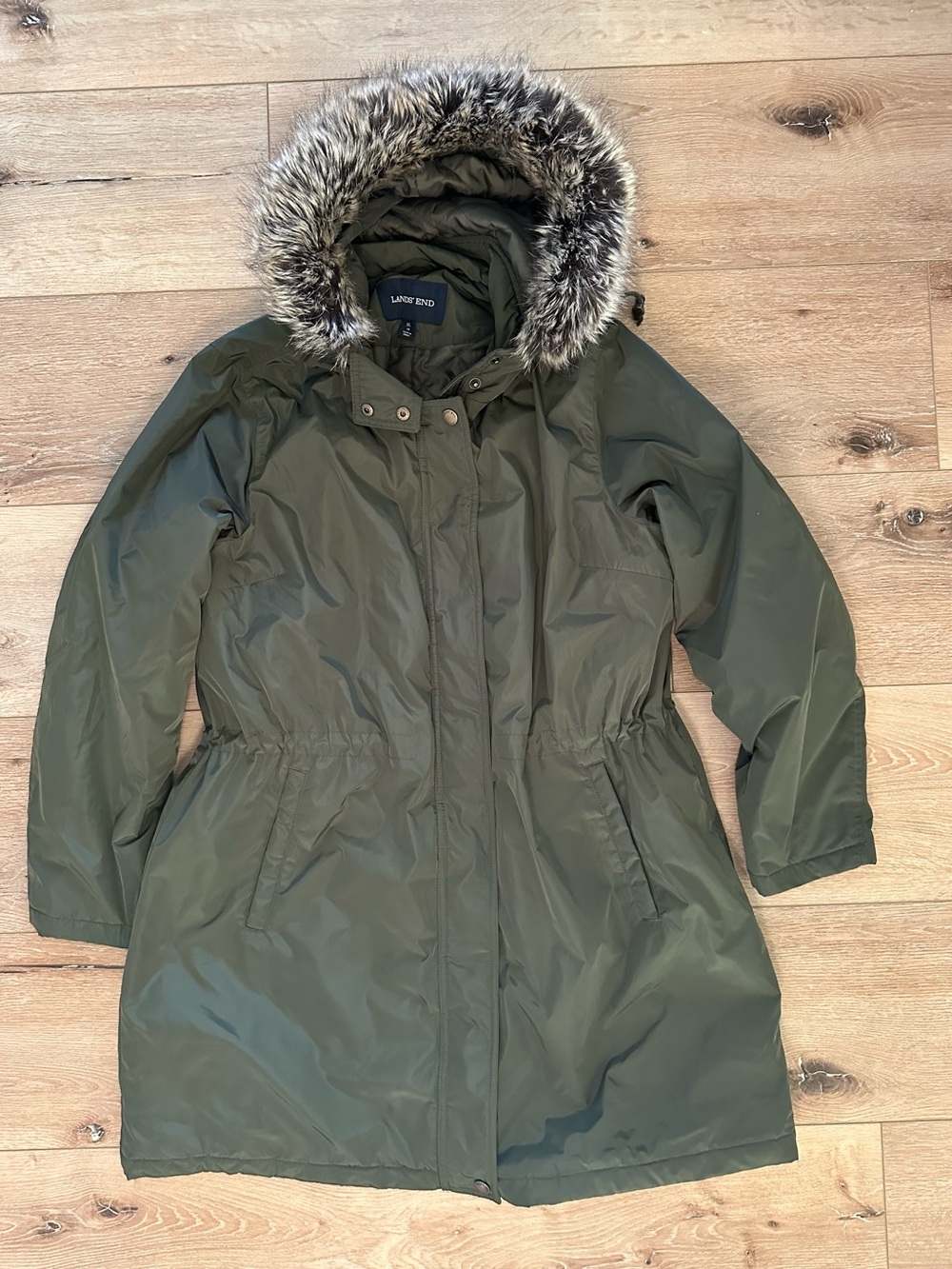 Lands’ End Olive Green Down Parka with Faux-Fur Hood | XL 18